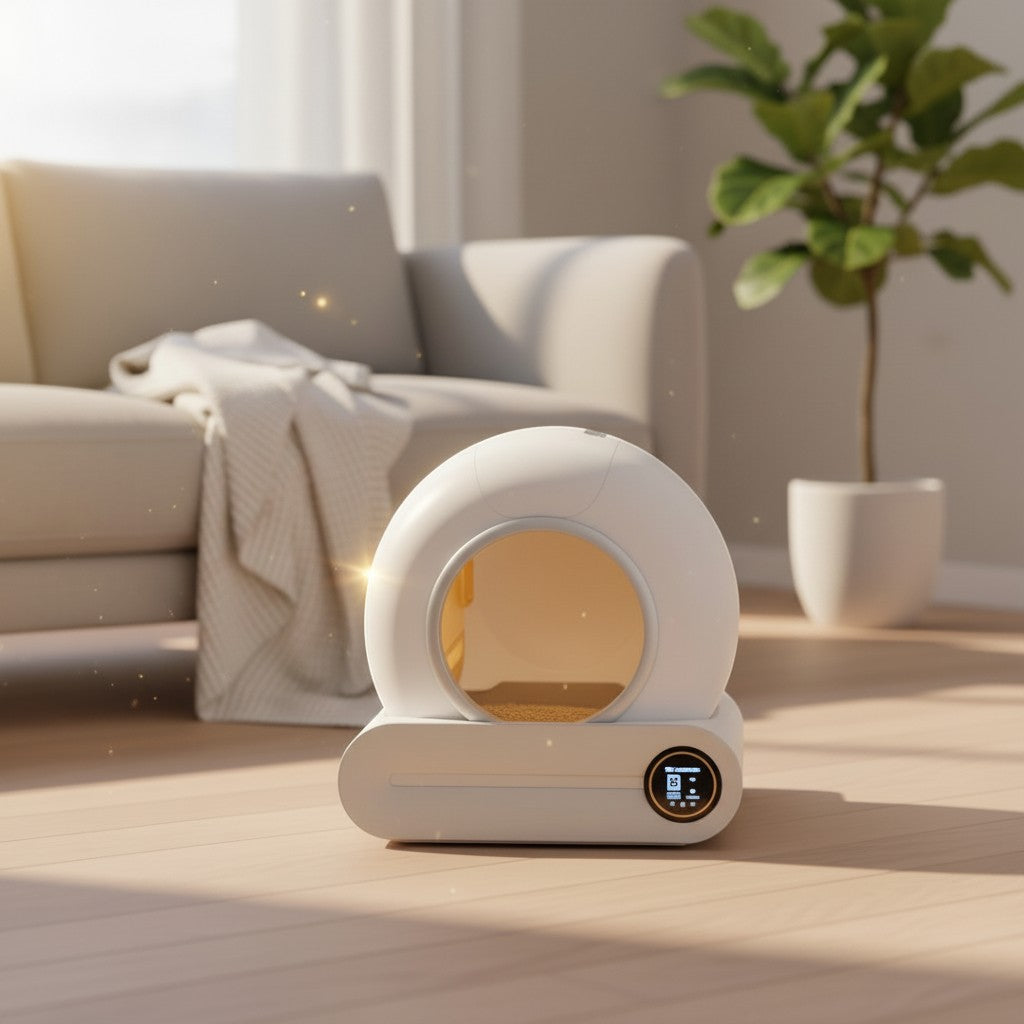 Atelier Paws Studio™ white automatic cat litter box with a round opening and digital display, modern design.
