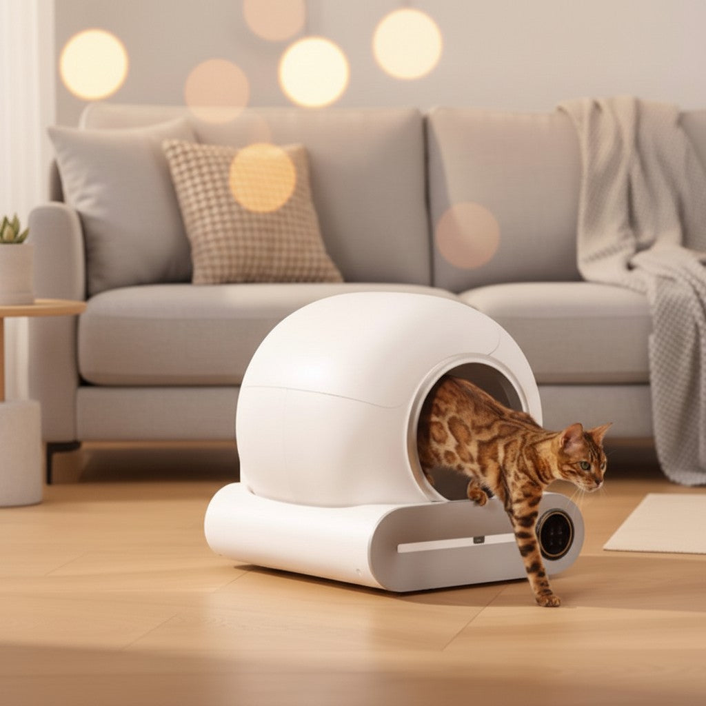 Atelier Paws Studio™ white automatic cat litter box with a Bengal cat exiting. Wi-Fi enabled, app-controlled.