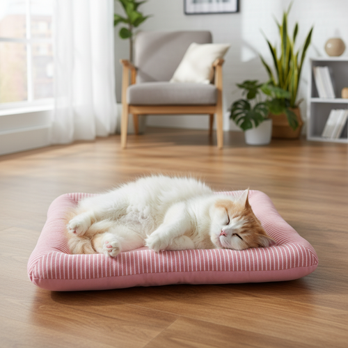 Chat sur tapis rafraîchissant rose