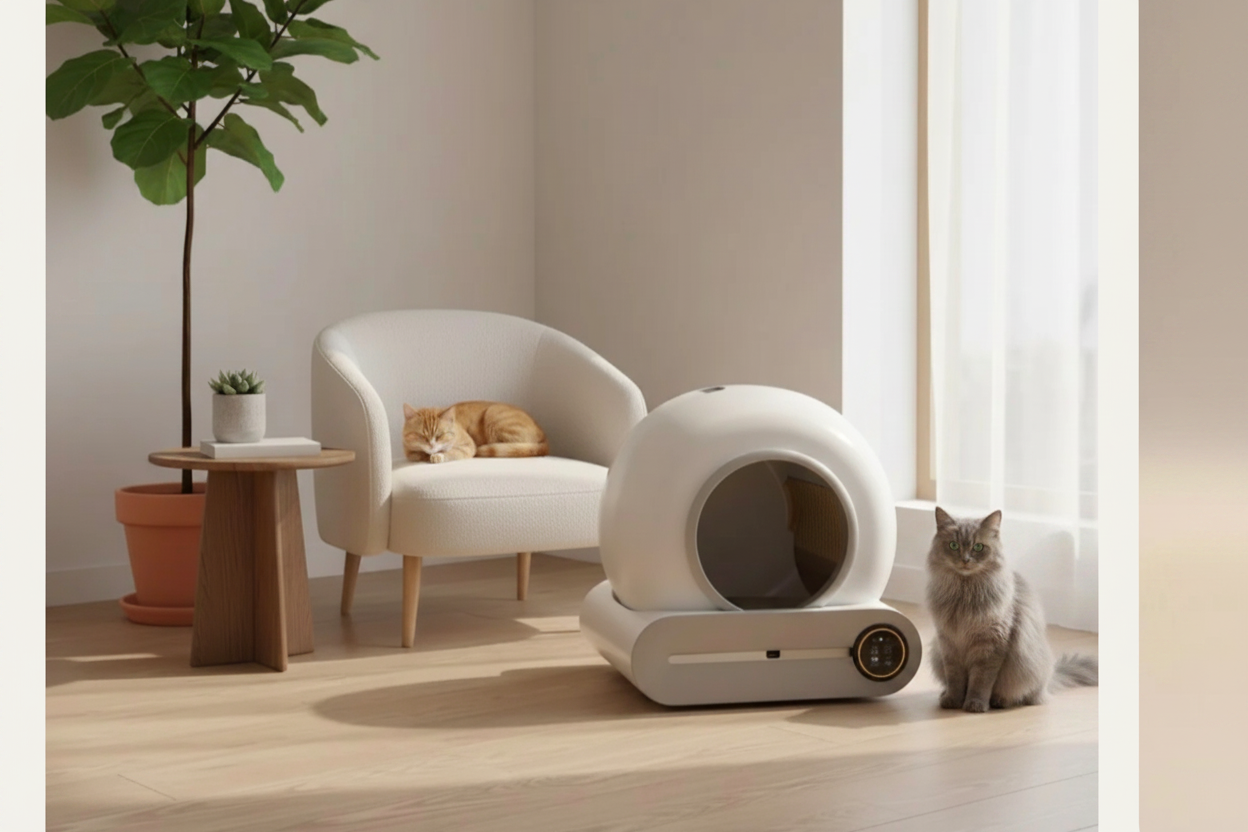 Litière auto-nettoyante avec chat gris